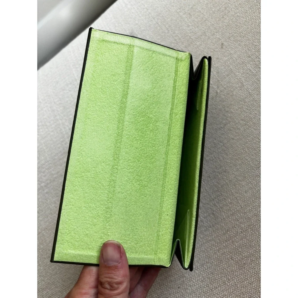 Longchamp Eyeglass Case OS Green Leather Foldable Triangular Designer Accessory